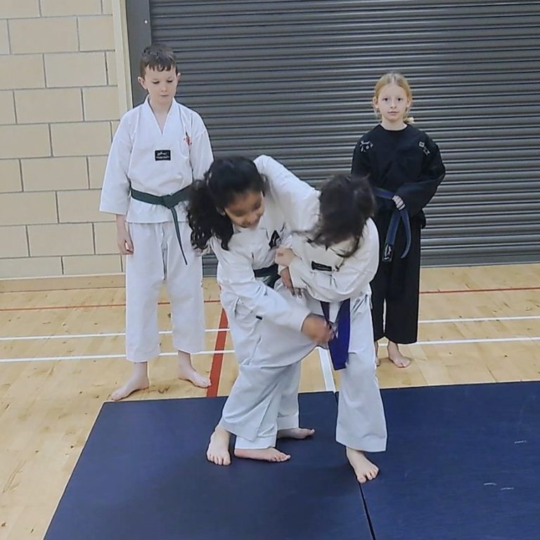 Junior Classes from 9 to 12 Years Two children practising TaeKwon-Do on a mat, with two others observing in the background.